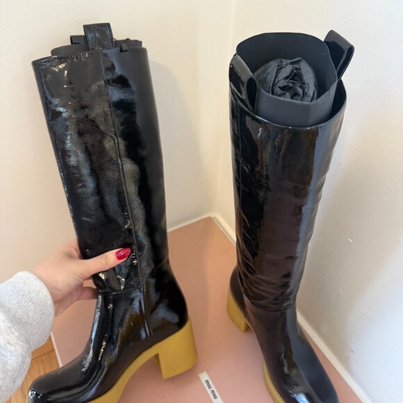 NWT Miu Miu Tall Boots Black Patent Leather Platform Block Heels Sz 36.5 - Picture 6 of 10